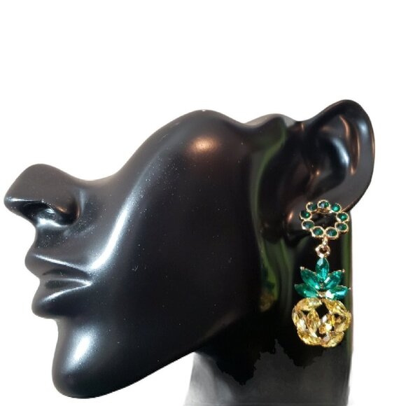 Womens Green Yellow Pineapple Palm Tree Rhinestone Dangling Earrings Jewelry - Picture 2 of 7